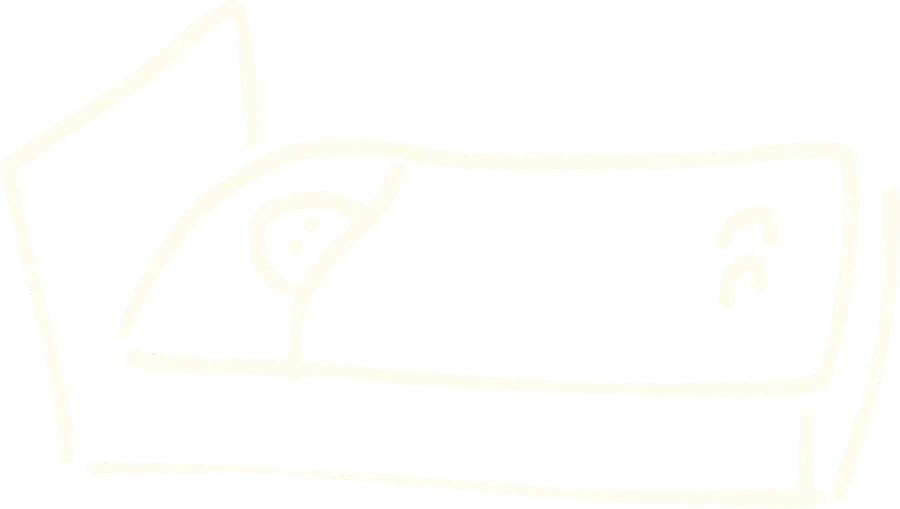 A doodle of someone lying wide awake in bed; the cards above are what's on their mind.