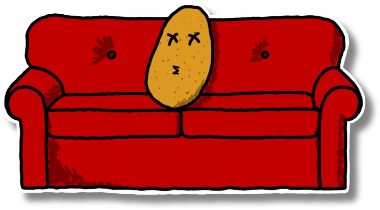 A potato with X'd-out eyes slumped on a red couch.