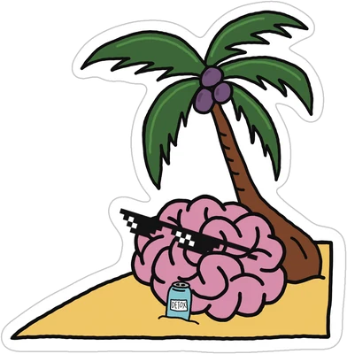 Detox sticker: a pink brain in sunglasses relaxing under a palm tree