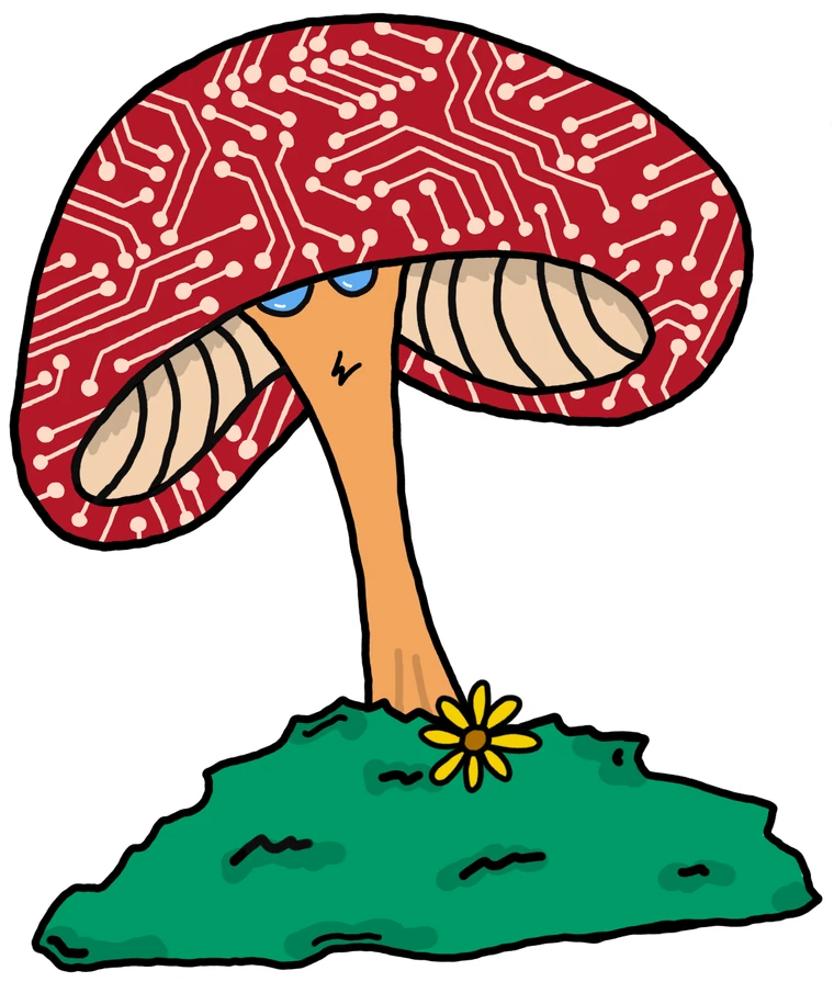 A mushroom with a circuit-board cap, growing on a patch of grass